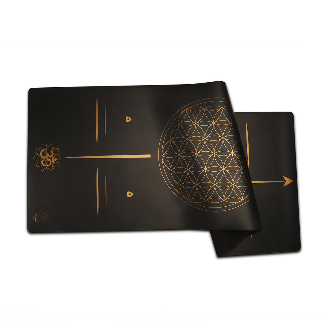 Flower of Life with the word Gratitude Yoga Mat  | Black with Gold