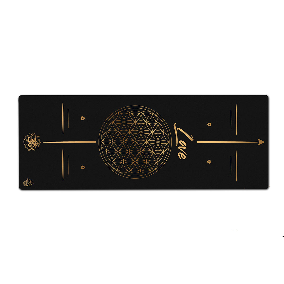Flower of Life with the word Love Yoga Mat | Black with Gold
