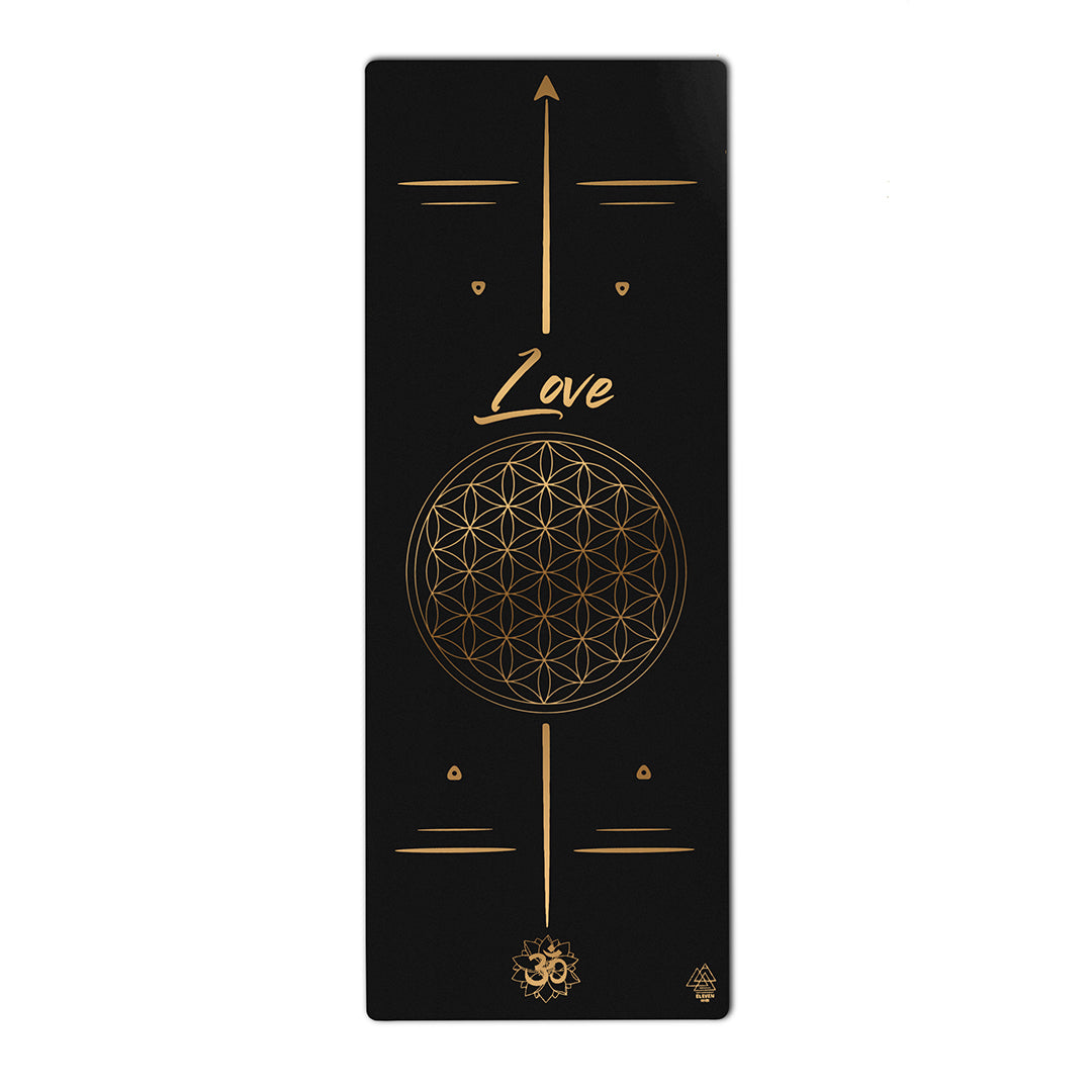 Flower of Life with the word Love Yoga Mat | Black with Gold