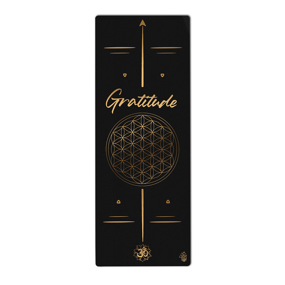 Flower of Life with the word Gratitude Yoga Mat  | Black with Gold