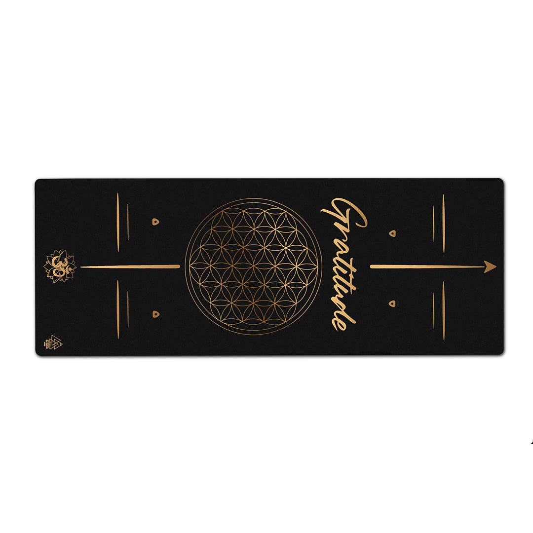 Flower of Life with the word Gratitude Yoga Mat  | Black with Gold